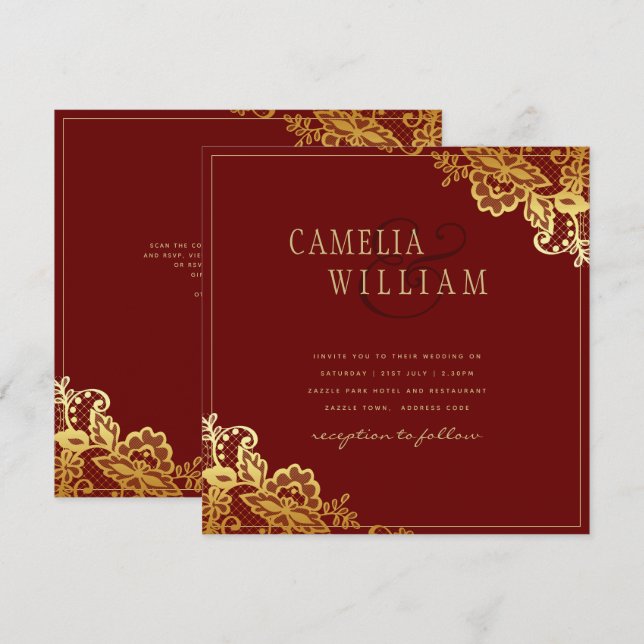Gold Lace Bourgogne Mariage Invitations (Devant / Derrière)
