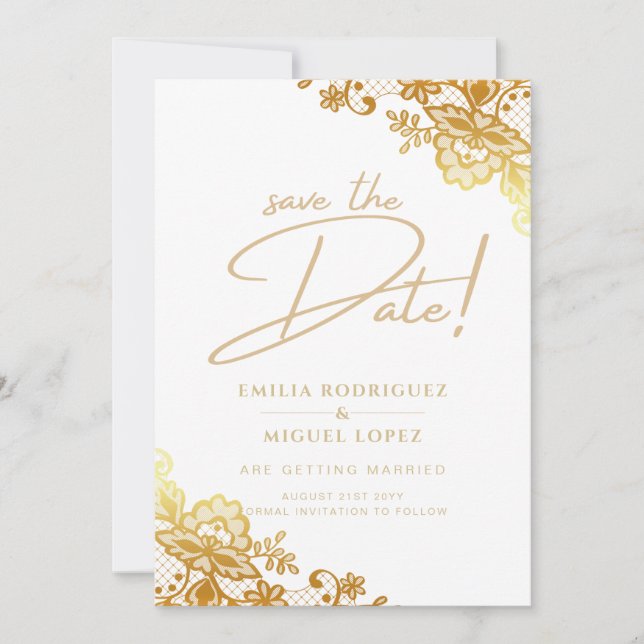 GOLD LACE Budget All-in1 Wedding Save the Date Einladung (Vorderseite)