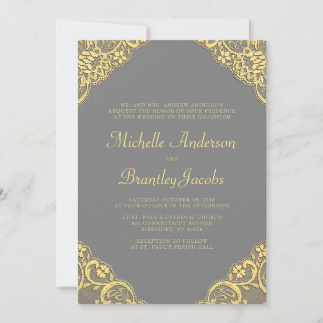 Gold Lace Corners Elégant Mariage Invitation Grey (Devant)
