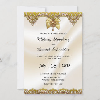 Gold Lace Cream Satin Pearls Jewels Wedding Einladung