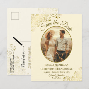 Gold Lace & Cream Wedding Save the Date Oval Foto Ankündigungspostkarte