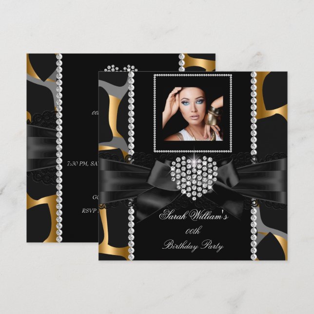 Gold Lace Diamond Heart Wild Birthday Party Foto Einladung (Vorne/Hinten)