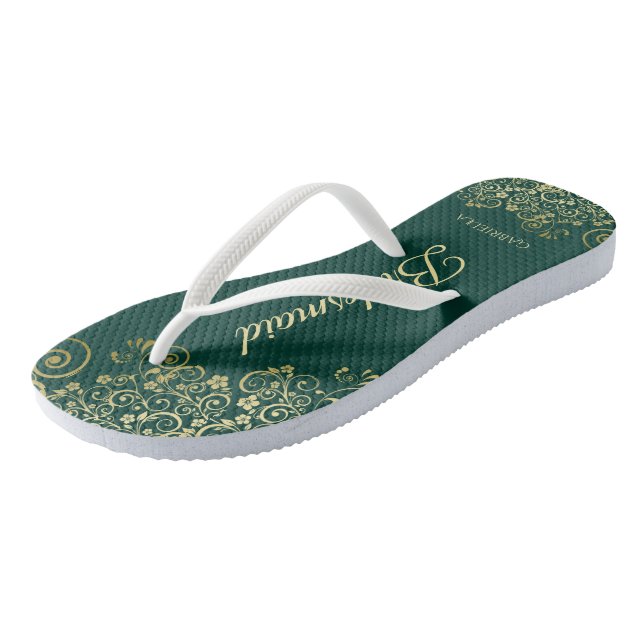 Gold Lace Elegant Emerald Green Bridesmaid Wedding Flip Flops (Schrägansicht)