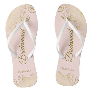 Gold Lace Elegante Blush Pink Bridesmaid Wedding Flip Flops