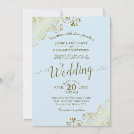 Gold Lace Elegante Calligraphy Powder Blue Wedding Einladung