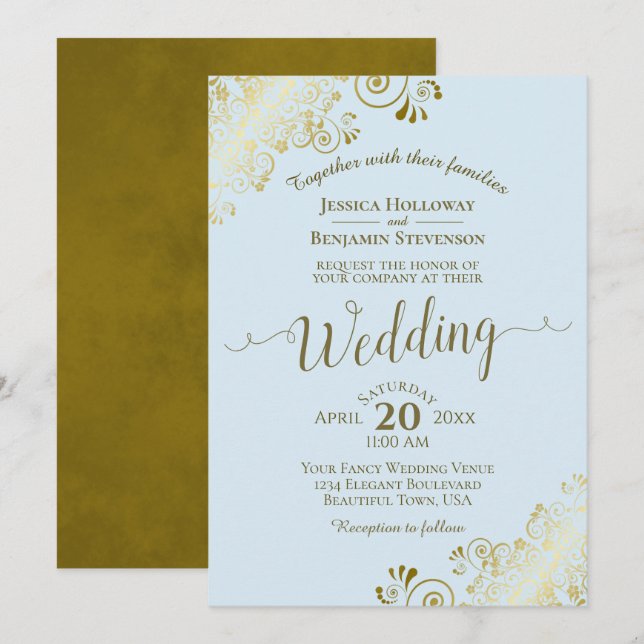 Gold Lace Elegante Calligraphy Powder Blue Wedding Einladung (Vorne/Hinten)