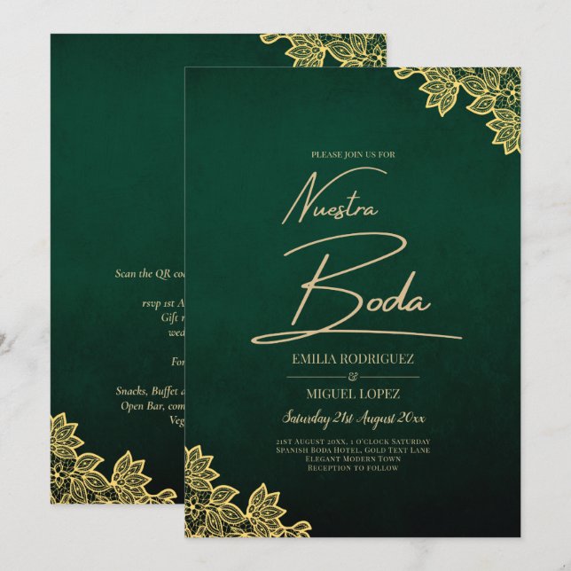 Gold Lace Emerald Green All-in-1 Wedding Einladung (Vorne/Hinten)