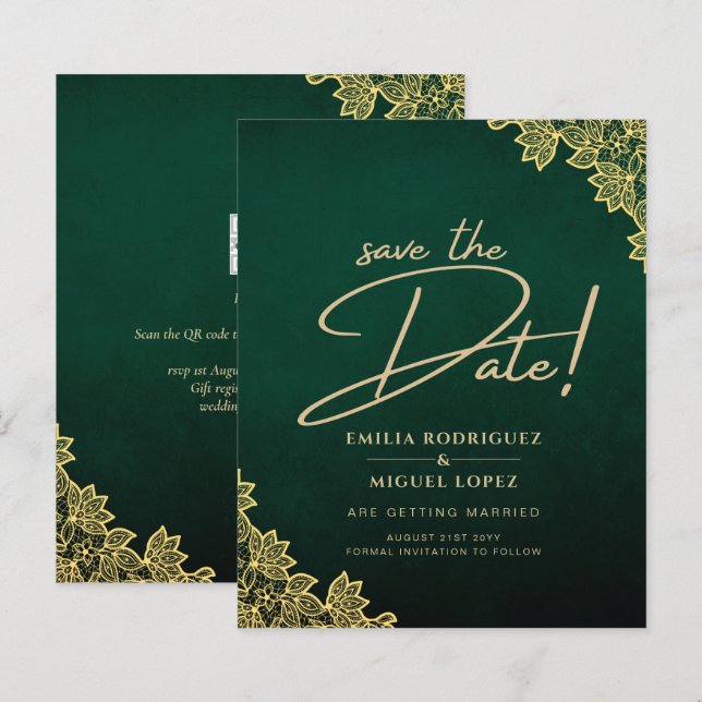 Gold Lace Emerald Green All-in-1 Wedding Einladung (Vorne/Hinten)