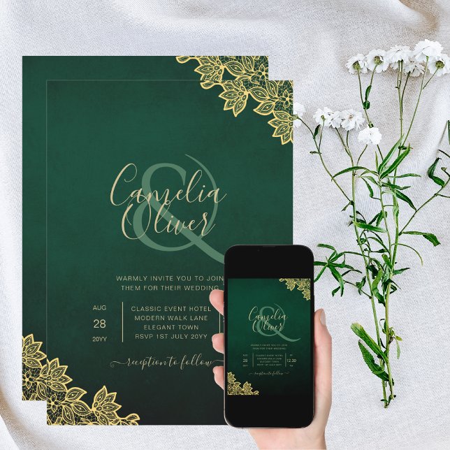 Gold Lace Emerald Green All-in-1 Wedding Einladung (Von Creator hochgeladen)