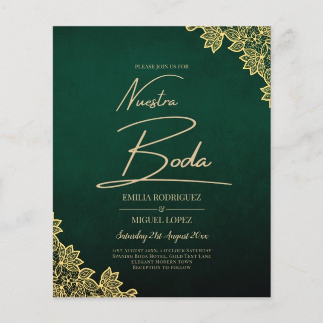 Gold Lace Emerald Green All-in-1 Wedding Einladung Flyer (Vorne)