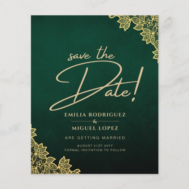 Gold Lace Emerald Green All-in-1 Wedding Einladung Flyer (Vorne)