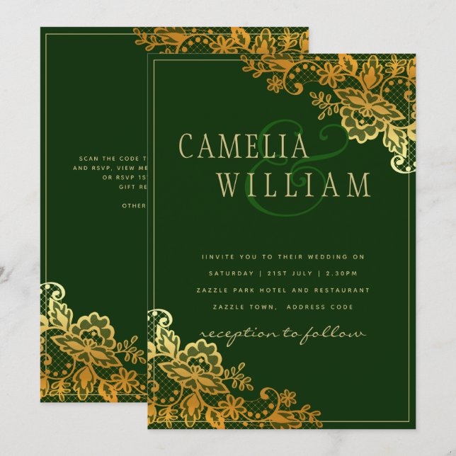 Gold Lace Emerald Green Wedding Invitations Budget (Devant / Derrière)