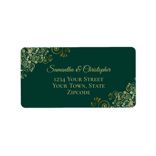 Gold Lace Frills auf Emerald Green Wedding Address Adressaufkleber (Vorne)