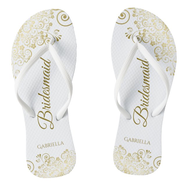 Gold Lace Frills Elegante White Bridesmaid Wedding Flip Flops (Fußbett)