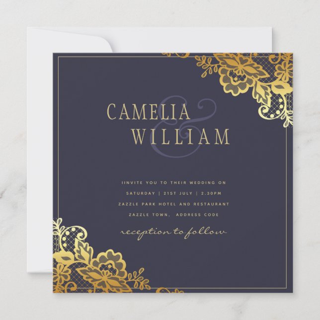 Gold Lace Marine Blue Wedding Invitations Budget (Devant)