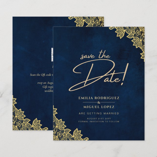 Gold Lace Navy Blue All-in-1 Wedding lädt QR Co. (Vorne/Hinten)