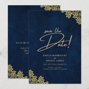 Gold Lace Navy Blue All-in-1 Wedding lädt QR Co. Einladung