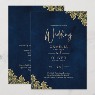 Gold Lace Navy Blue All-in-1 Wedding lädt QR Co. Einladung