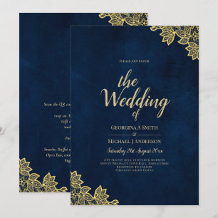 Gold Lace Navy Blue All-in-1 Wedding lädt QR Co. Einladung