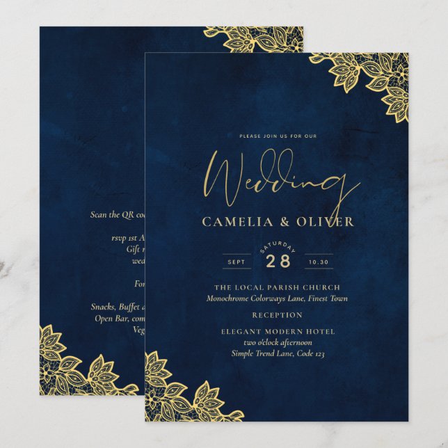 Gold Lace Navy Blue All-in-1 Wedding lädt QR Co. Einladung (Vorne/Hinten)