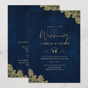 Gold Lace Navy Blue All-in-1 Wedding lädt QR Co. Einladung
