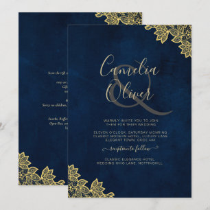 Gold Lace Navy Blue All-in-1 Wedding lädt QR Co. Einladung