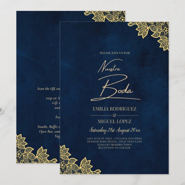 Gold Lace Navy Blue All-in-1 Wedding lädt QR Co. Einladung (Vorne/Hinten)