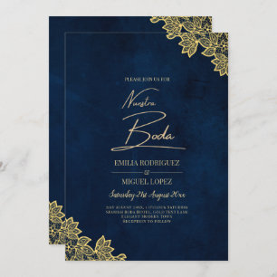 Gold Lace Navy Blue All-in-1 Wedding lädt QR Co. Einladung
