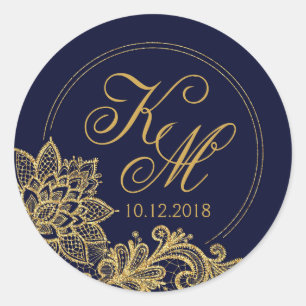 Gold Lace Navy Modernes Monogram Label Runder Aufkleber