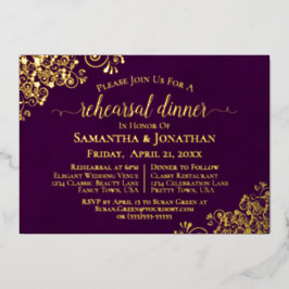 Gold Lace on Plum Lila Hochzeit Probe Dinner Folieneinladung