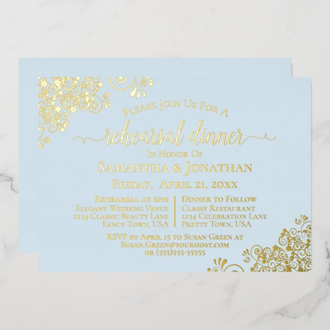 Gold Lace on Powder Blue Wedding Probe Dinner Folieneinladung (Vorderseite/Rückseite)
