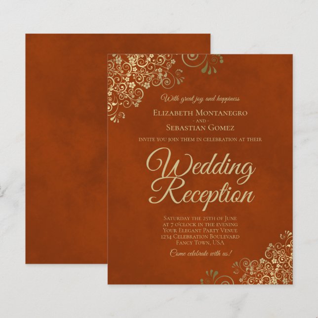 Gold Lace Orange Hochzeitsempfang Einladung (Vorne/Hinten)