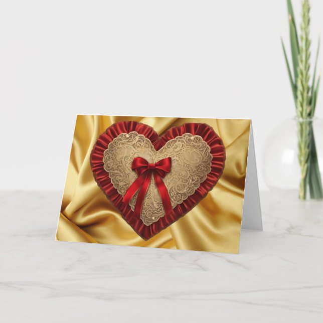 Gold Lace Red Ribbon Valentine's Day Heart Card Karte (Vorderseite)