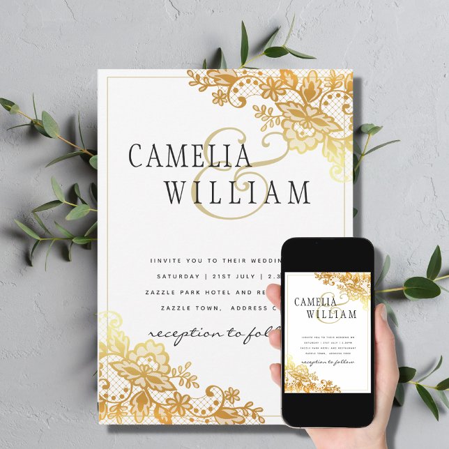 Gold Lace White Wedding Einladung Classic Elegant (Von Creator hochgeladen)