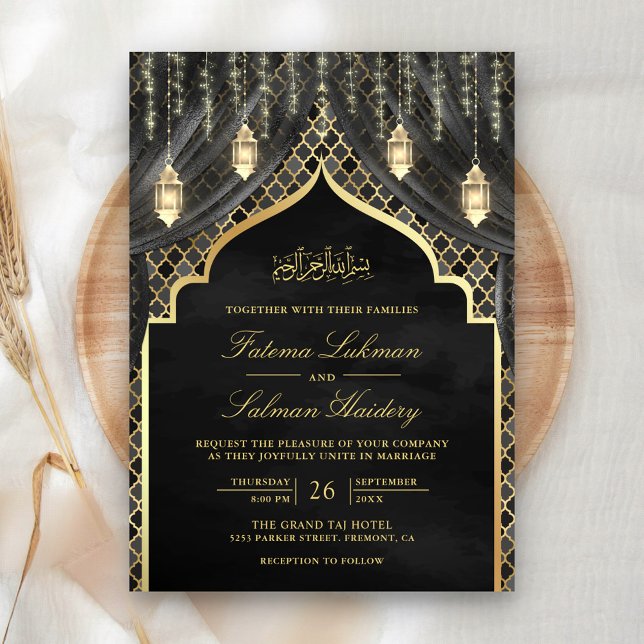Gold Lanterns Dark Gray Vortain Muslime Hochzeit Einladung (Von Creator hochgeladen)