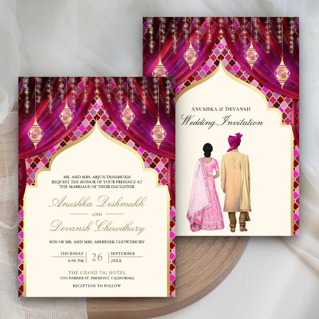 Gold Lanterns Magenta Pink Indian Couple Wedding Einladung (Von Creator hochgeladen)