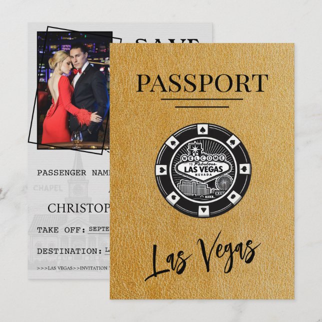 Gold Las Vegas Passport Save the Date (Vorne/Hinten)