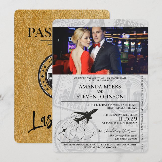 Gold Las Vegas Passport Wedding Einladung (Vorne/Hinten)