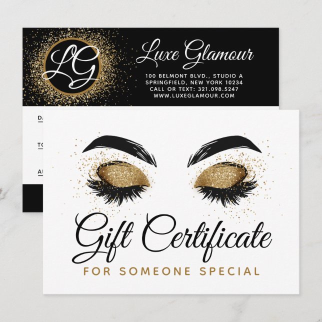 Gold Lash Brow Bar Beauty Geschenkgutschein Einladung (Vorne/Hinten)