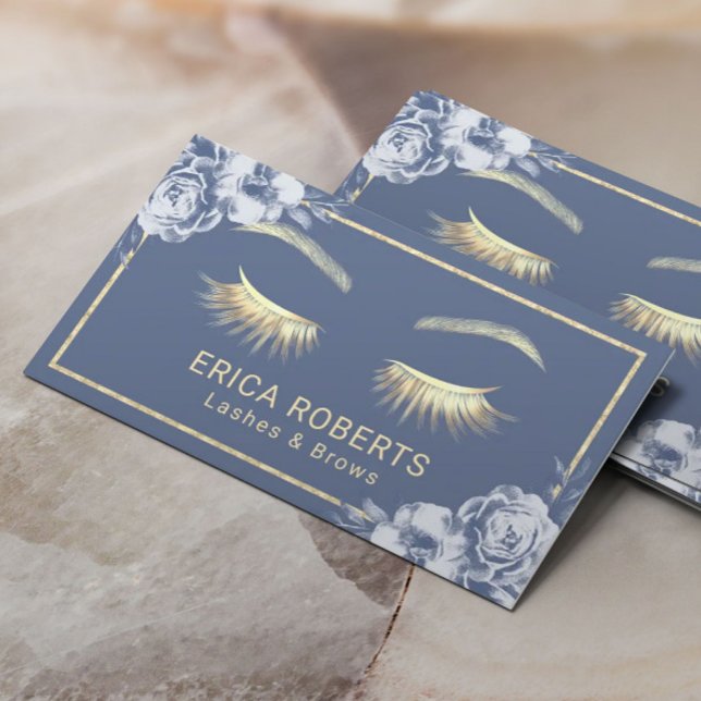 Gold Lashes Makeup Artist Blue Floral Beauty Salon Visitenkarte (Von Creator hochgeladen)