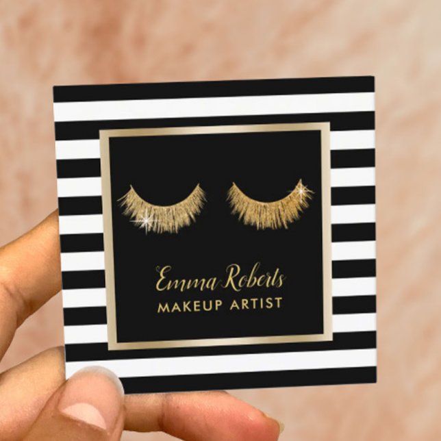 Gold Lashes Makeup Artist Moderne schwarze Streife Quadratische Visitenkarte (Von Creator hochgeladen)