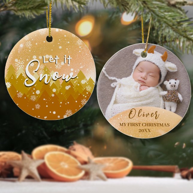 Gold lassen es Schnee Erstes Weihnachtsfest Foto Keramik Ornament (Von Creator hochgeladen)