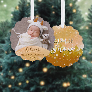 Gold lassen es Schnee Erstes Weihnachtsfest Foto Ornament Karte