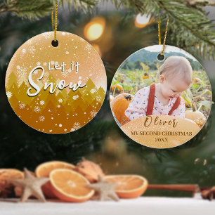 Gold lässt es Baby's zweites Weihnachtsfest-Foto s Keramik Ornament