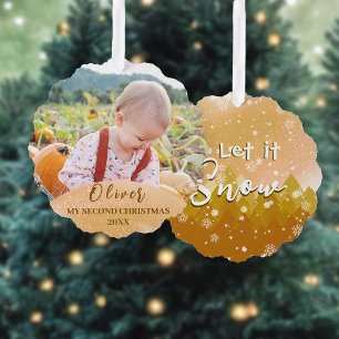 Gold lässt es Baby's zweites Weihnachtsfest-Foto s Ornament Karte