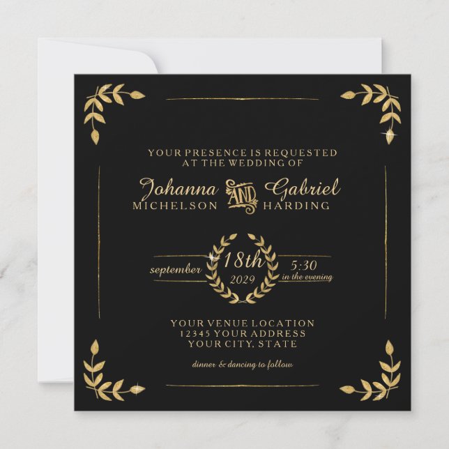 Gold Laurel Leaf Typografie Moderne einfache Hochz Einladung (Vorderseite)