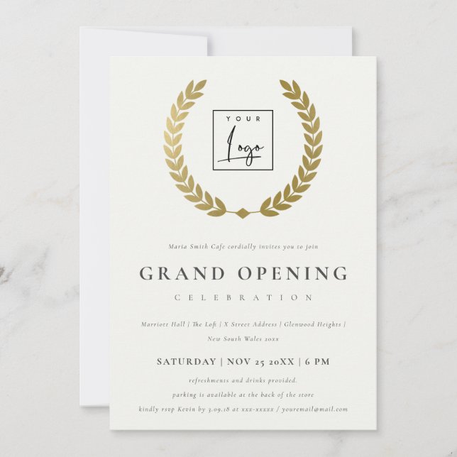Gold Laurel Logo Verziert Grand Opening Einladung (Vorderseite)