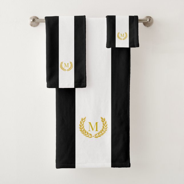 Gold Laurel & Monogram auf Schwarz & Weiß Streifen Badhandtuch Set (Insitu)