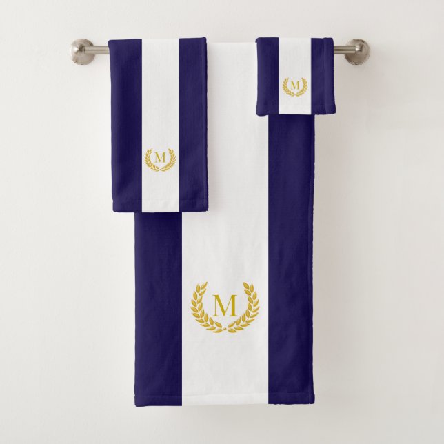 Gold Laurel & Monogram sur Bleu & Blanc Gratté (En situation)