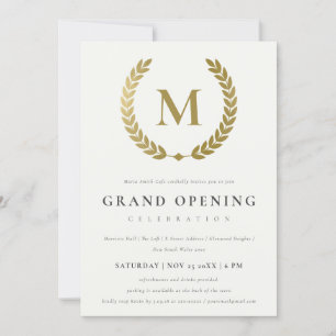 Gold Laurel Monogram Verziert Grand Opening Einlad Dankeskarte